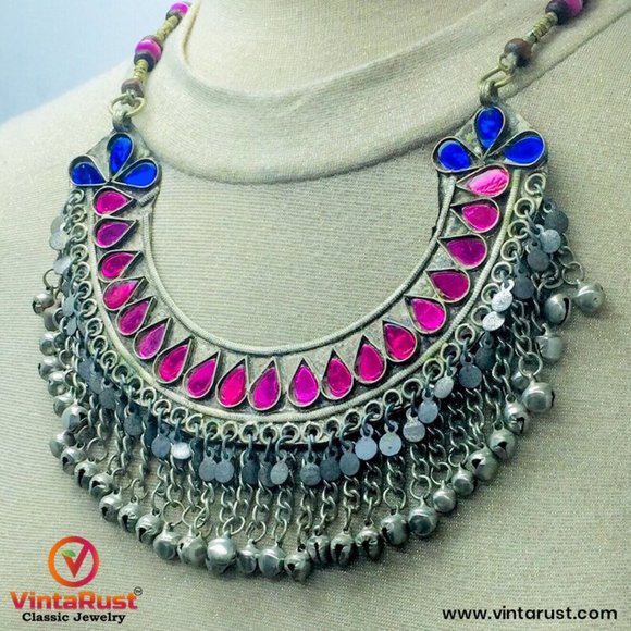 Beaded Chain Choker Necklace With Pink Glass Stones, Tribal Statement - Picture 2 of 9